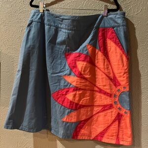 Boden Blue Skirt with Orange and Pink Sunburst Applique
